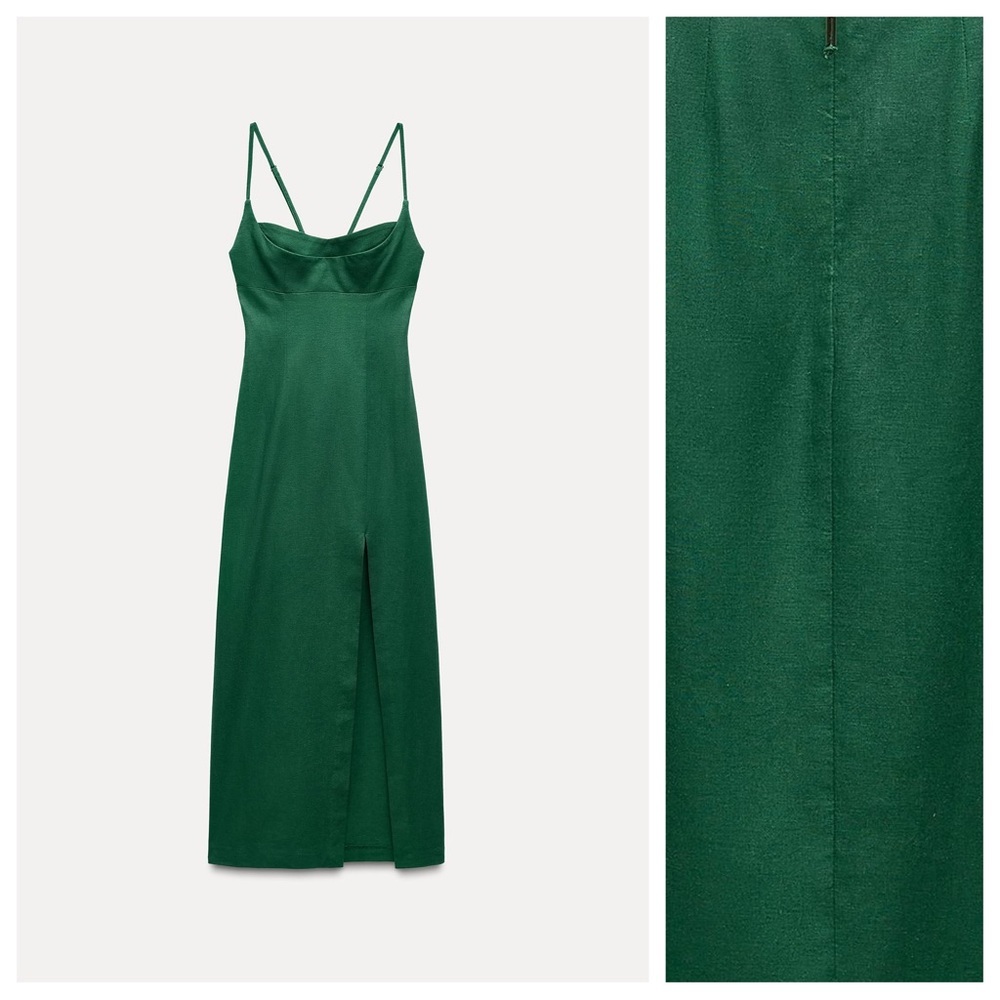 NWT. Zara Green Linen Blend Strappy Midi Dress. Size M. - Picture 3 of 9